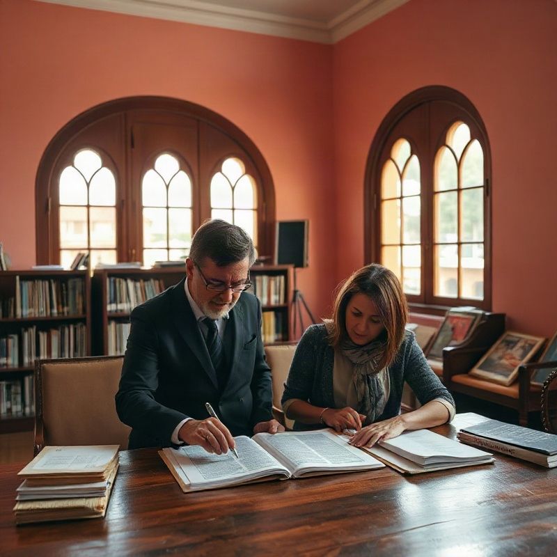 Dos personas revisando manuscritos impresos en un escritorio de madera con luz cálida