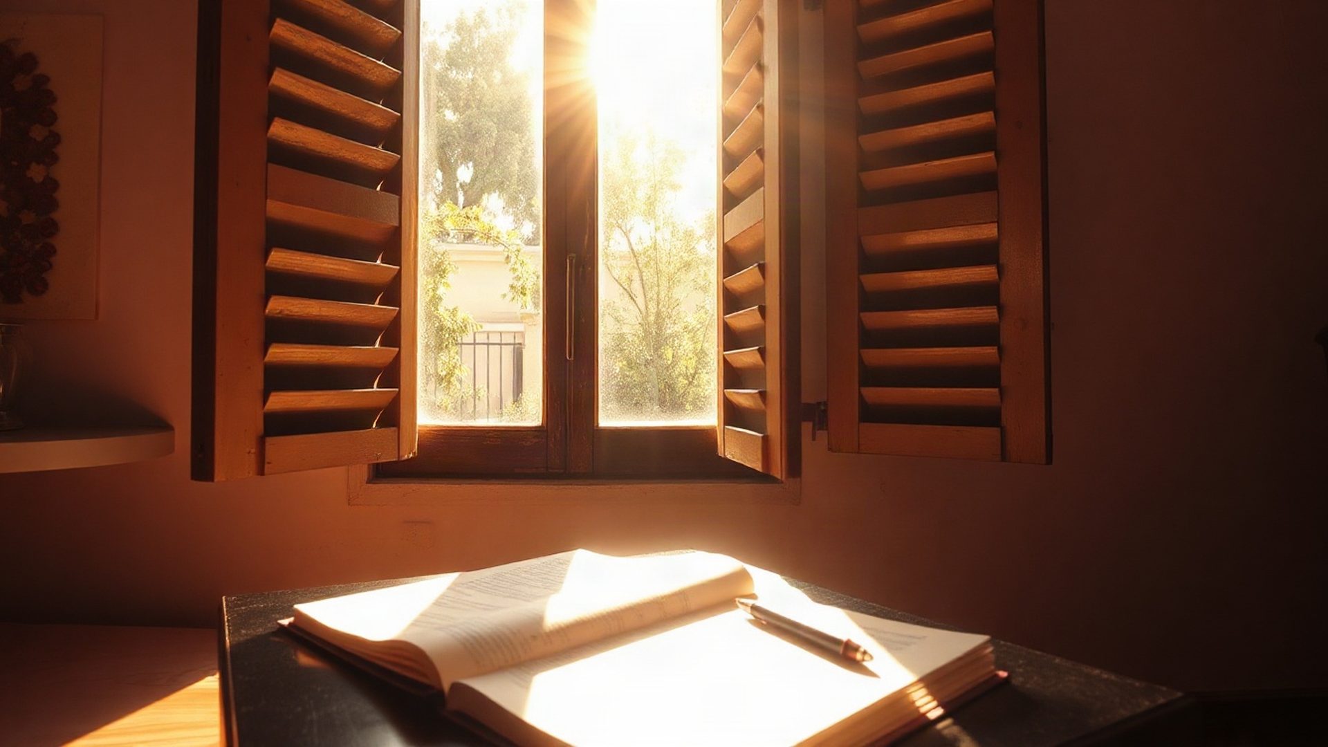 Escritorio de lectura iluminado por luz cálida del sur en Melo, Uruguay