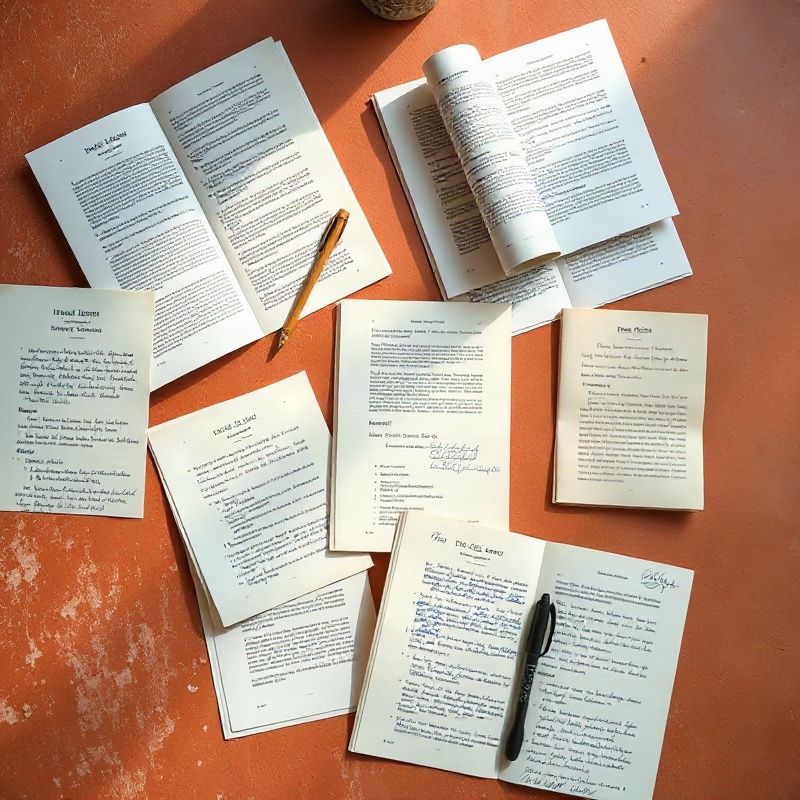 Páginas impresas y notas manuscritas sobre superficie terracota cálida