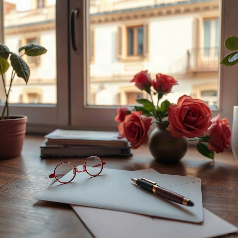Escritorio de escritura con sobre abierto, pluma y anteojos con luz cálida del sur