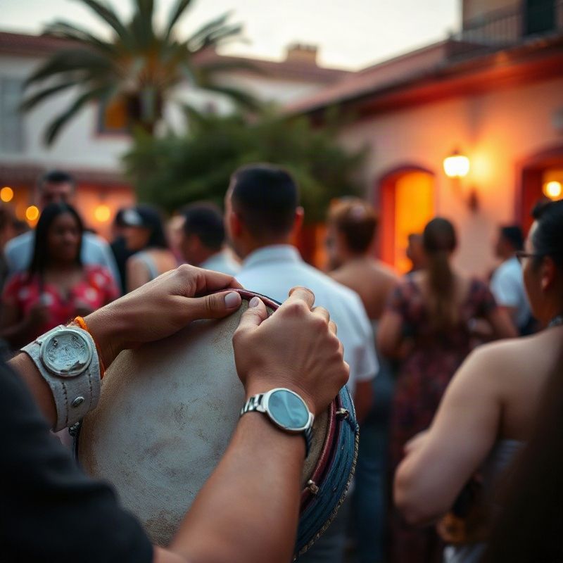 Manos sosteniendo tambores de candombe en una reunión al aire libre con luz cálida